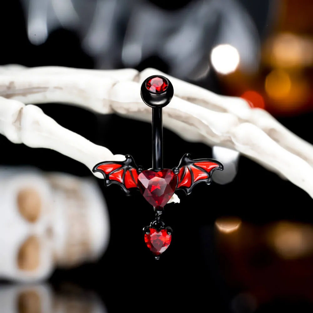 14G Bat Wings Red Heart CZ Gems Belly Button Ring