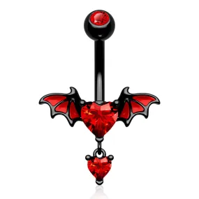 14G Bat Wings Red Heart CZ Gems Belly Button Ring