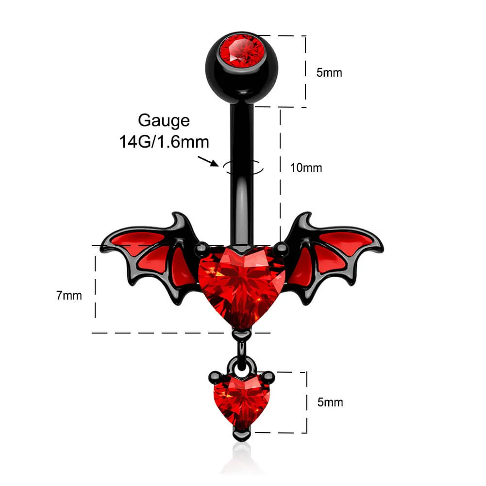 14G Bat Wings Red Heart CZ Gems Belly Button Ring