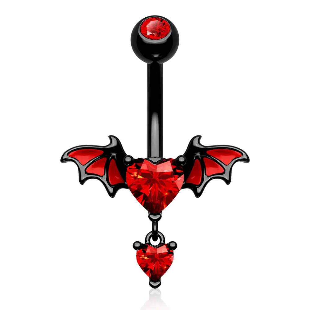 14G Bat Wings Red Heart CZ Gems Belly Button Ring