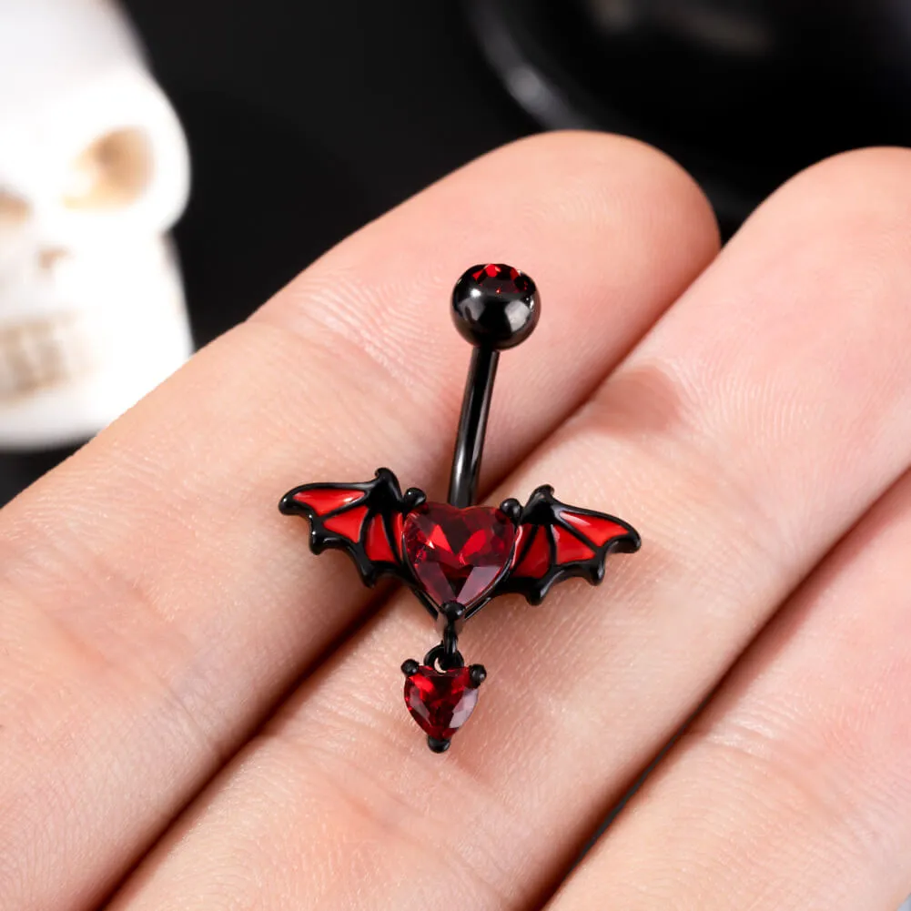 14G Bat Wings Red Heart CZ Gems Belly Button Ring