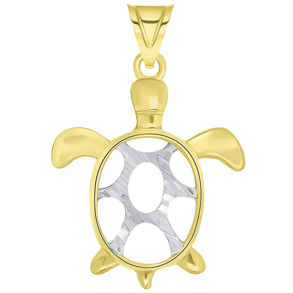 14k Gold Textured Two Tone Open Shell Sea Turtle Good Luck Pendant Necklace Available with Rolo, Curb, or Figaro Chain - Yellow Gold