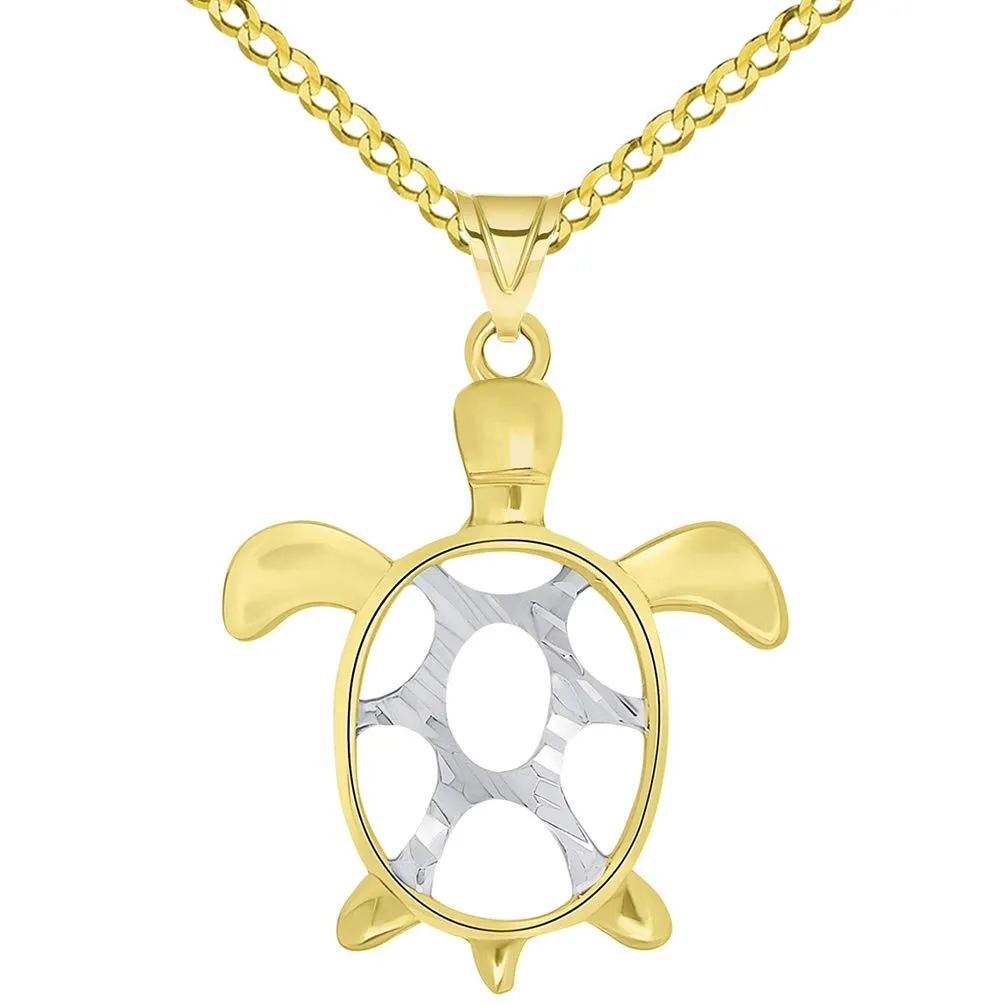 14k Gold Textured Two Tone Open Shell Sea Turtle Good Luck Pendant Necklace Available with Rolo, Curb, or Figaro Chain - Yellow Gold