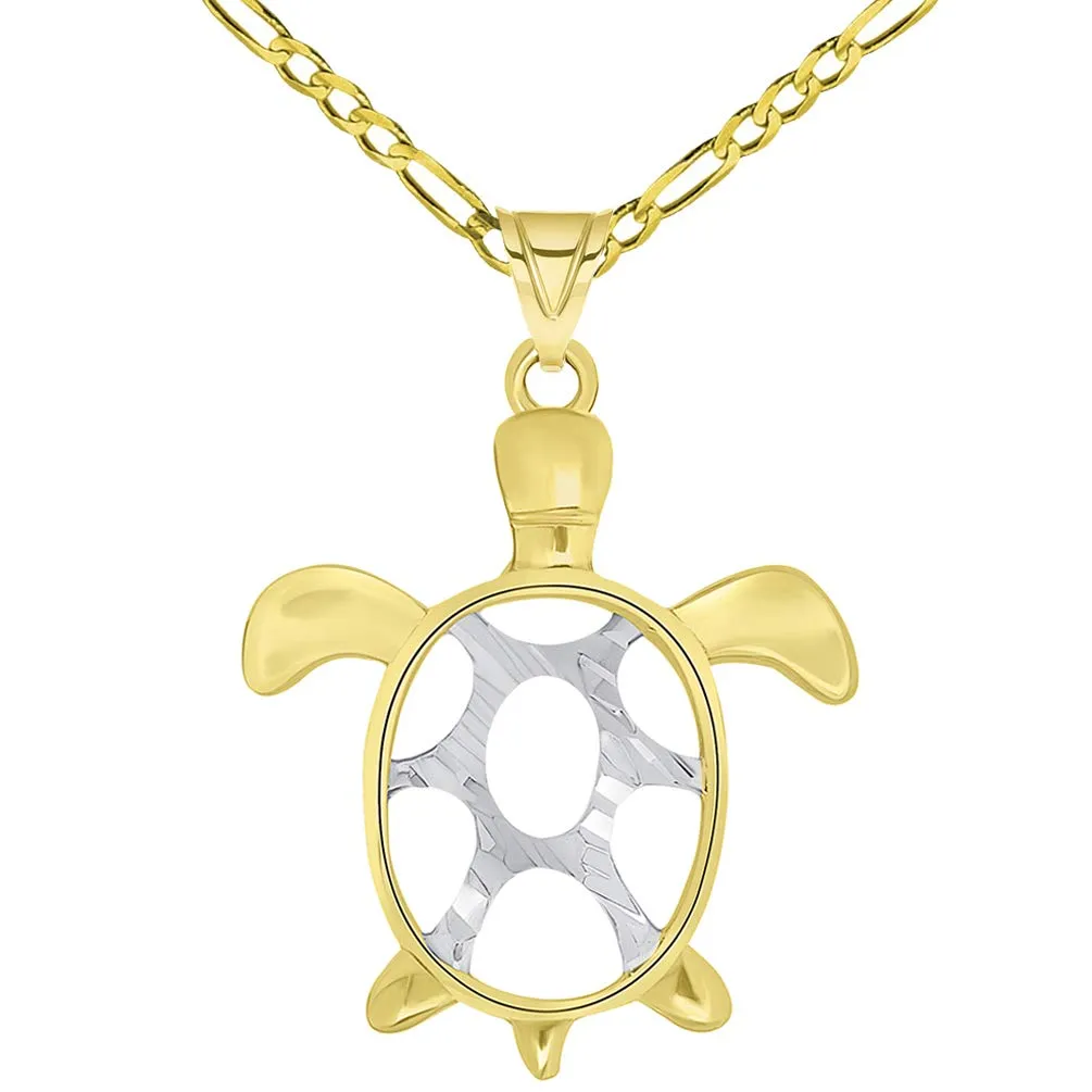 14k Gold Textured Two Tone Open Shell Sea Turtle Good Luck Pendant Necklace Available with Rolo, Curb, or Figaro Chain - Yellow Gold