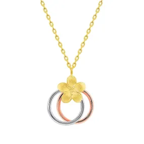 14k Tri-Color Gold Interlocking Double Circle of Life Plumeria Flower Necklace with Lobster Claw Clasp