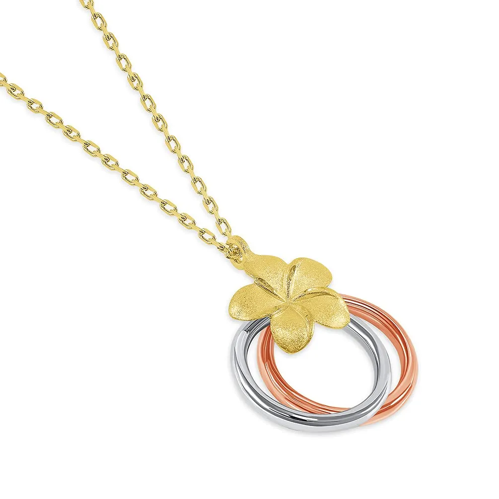 14k Tri-Color Gold Interlocking Double Circle of Life Plumeria Flower Necklace with Lobster Claw Clasp