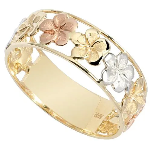 14K Tri-Color Gold See Through Plumeria Lei Ring Sandblast Polish Edge 7mm