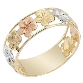 14K Tri-Color Gold See Through Plumeria Lei Ring Sandblast Polish Edge 7mm