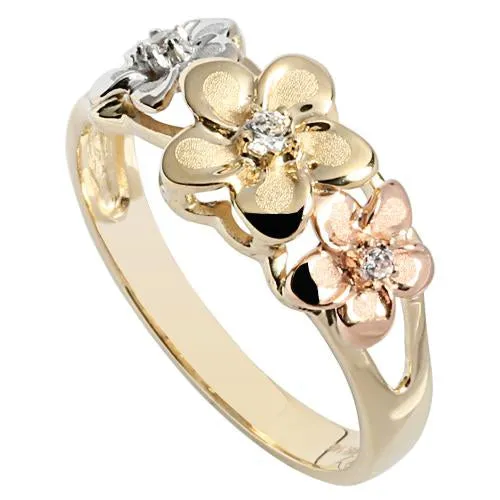 14K Tri-Color Gold Triple Plumeria Ring with CZ Sandblast Polish Edge (S)