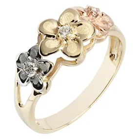 14K Tri-Color Gold Triple Plumeria Ring with CZ Sandblast Polish Edge (S)