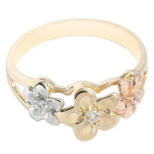 14K Tri-Color Gold Triple Plumeria Ring with CZ Sandblast Polish Edge (S)