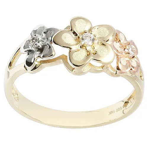 14K Tri-Color Gold Triple Plumeria Ring with CZ Sandblast Polish Edge (S)