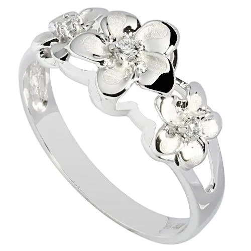 14K White Gold Triple Plumeria Ring with CZ Sandblast Polish Edge (S)