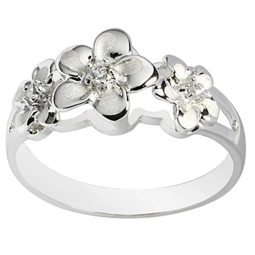 14K White Gold Triple Plumeria Ring with CZ Sandblast Polish Edge (S)