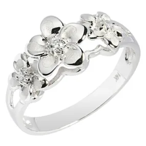 14K White Gold Triple Plumeria Ring with CZ Sandblast Polish Edge (S)