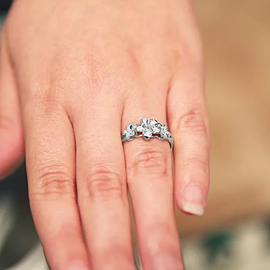 14K White Gold Triple Plumeria Ring with CZ Sandblast Polish Edge (S)