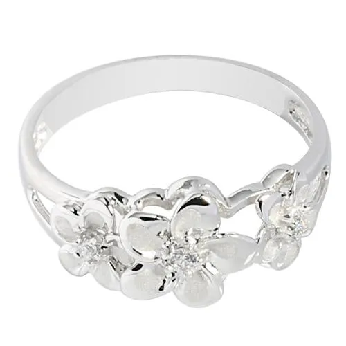 14K White Gold Triple Plumeria Ring with CZ Sandblast Polish Edge (S)