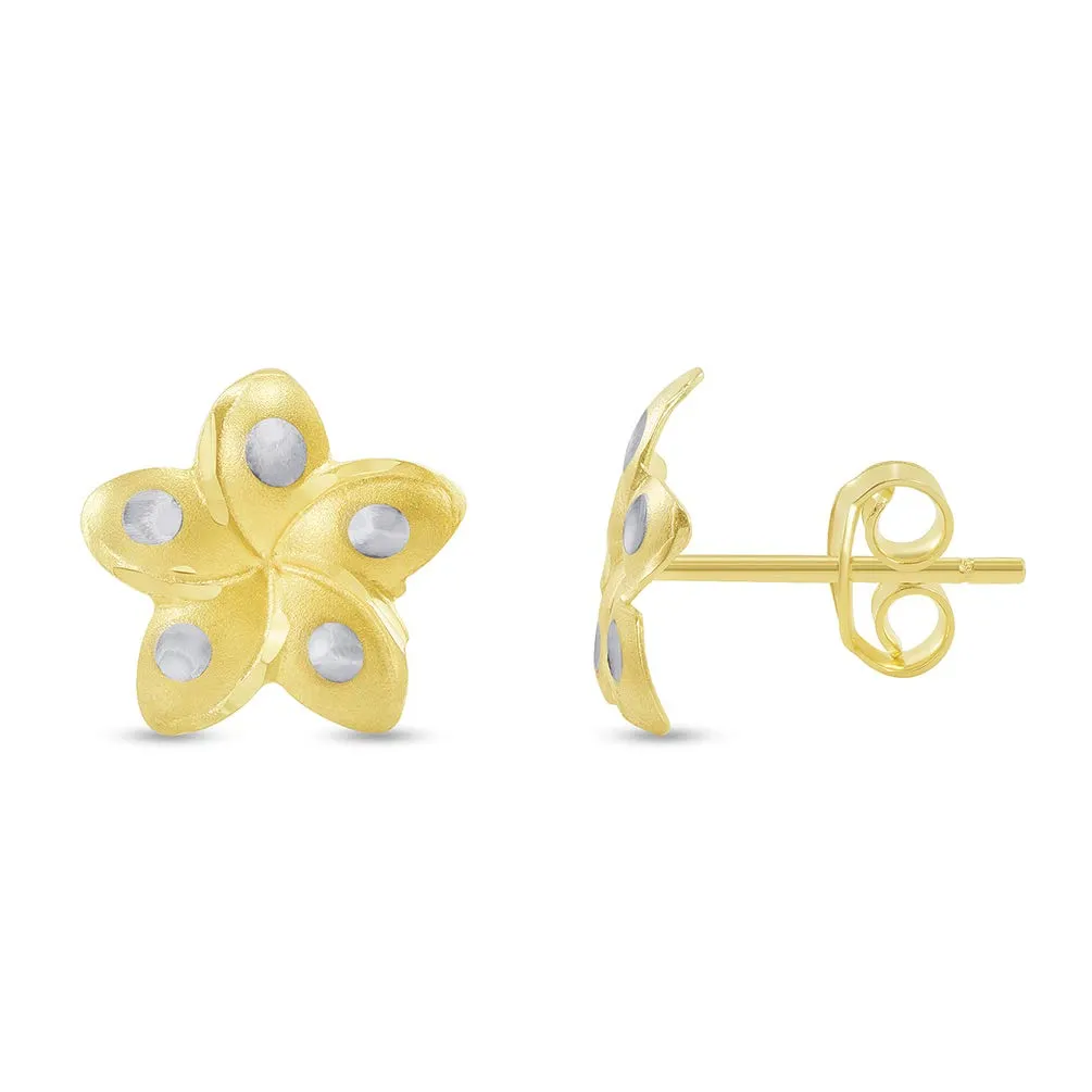 14k Yellow Gold  Flower Plumeria Stud Earrings with Screw Back, 10.5mm x 11mm