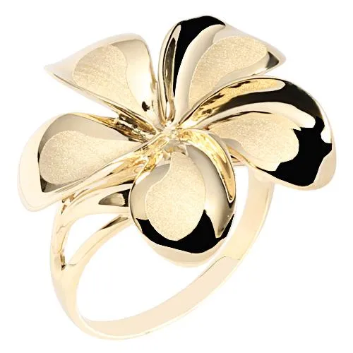 14K Yellow Gold Plumeria Ring Sandblast Polish Edge 23mm