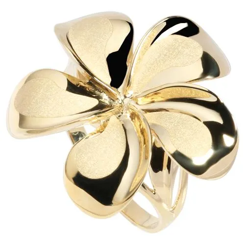 14K Yellow Gold Plumeria Ring Sandblast Polish Edge 23mm