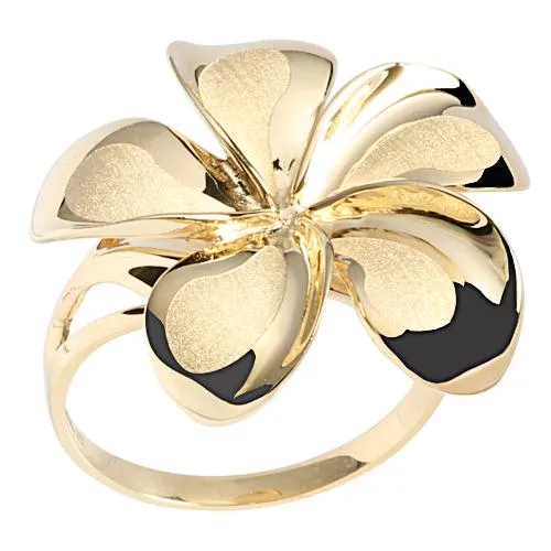 14K Yellow Gold Plumeria Ring Sandblast Polish Edge 23mm