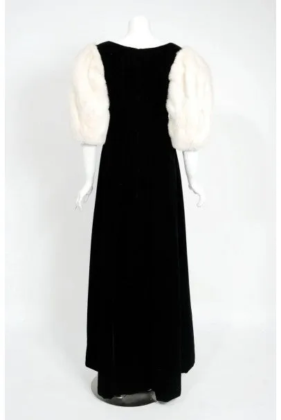 1953 Irene Lentz Couture Black Velvet & Mink Fur Puff-Sleeve Gown Ensemble