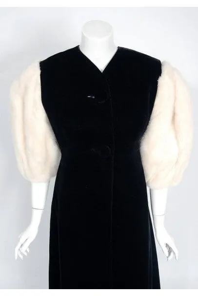 1953 Irene Lentz Couture Black Velvet & Mink Fur Puff-Sleeve Gown Ensemble