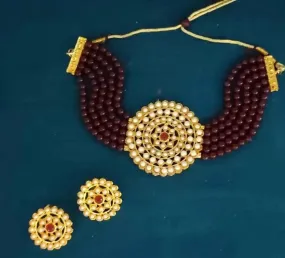 Alloy jewel necklace with earring set (maroon) | MANATH