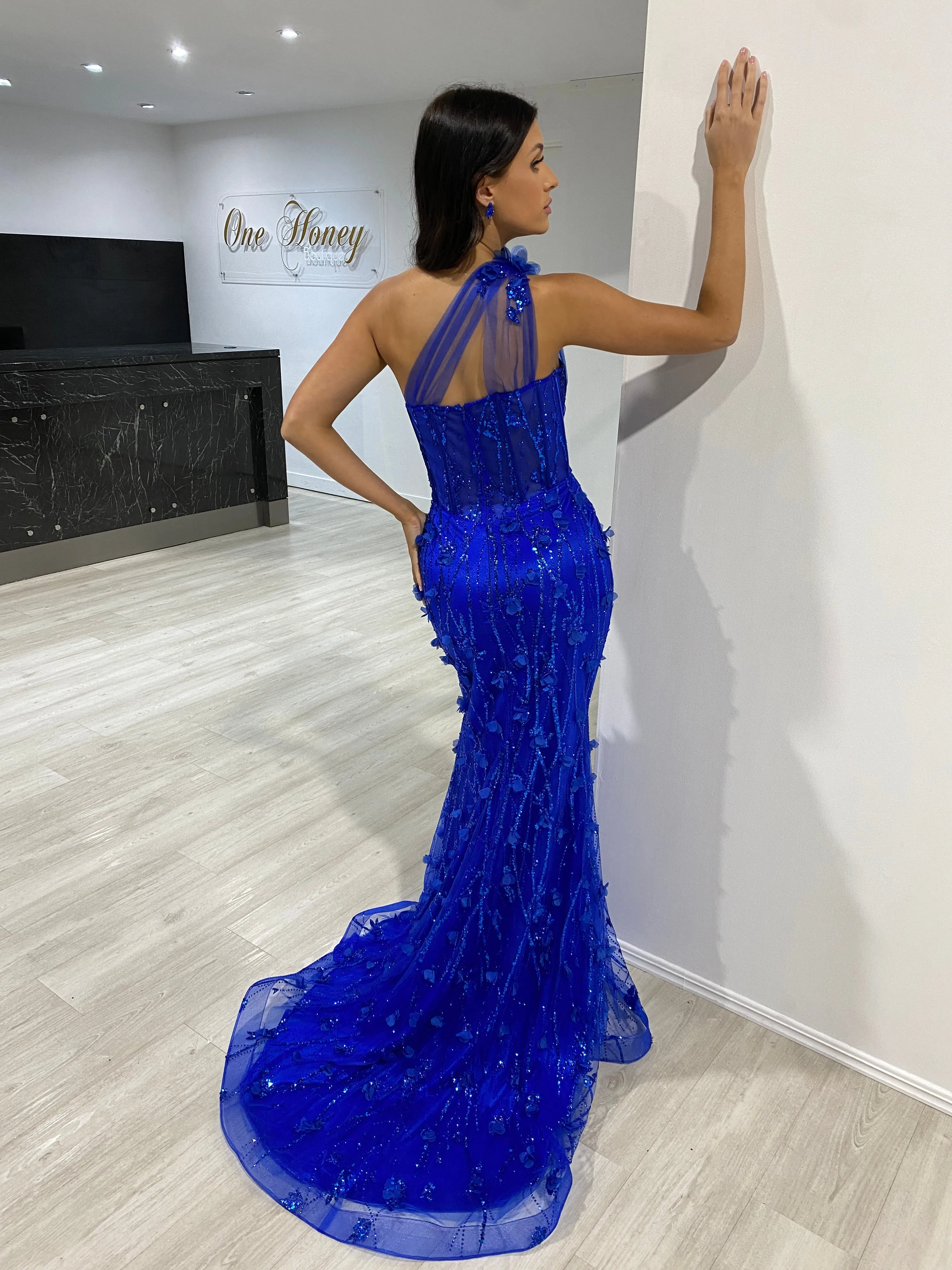 AMINA One Shoulder Glitter Tulle Mermaid Formal Dress