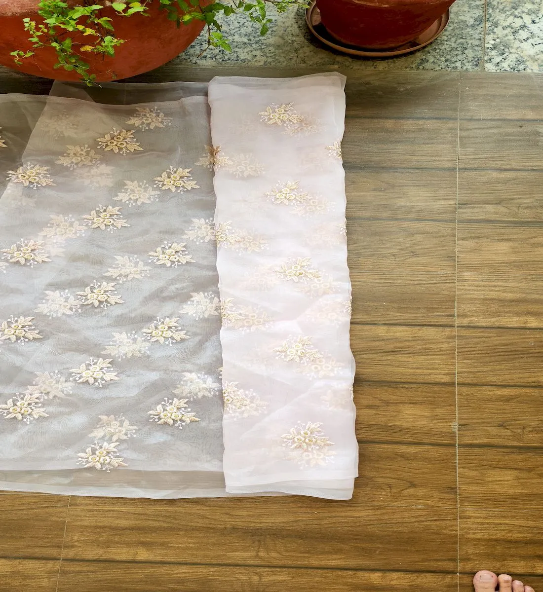 Baby Pink Floral Embroidered Organza Fabric (Wholesale)