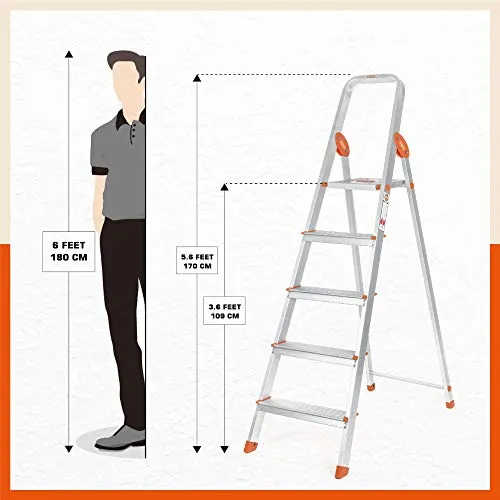 Bathla Advance 5-Step Foldable Aluminium Ladder with Sure-Hinge Technology (Orange)