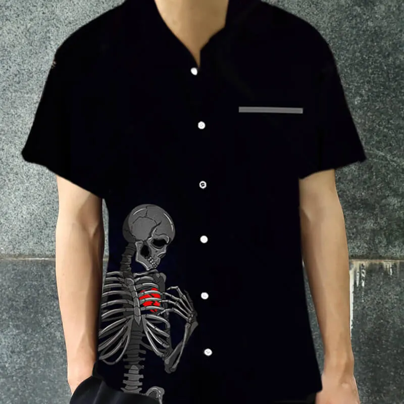 Black Skeleton Bones Hawaiian Spandex Shirt