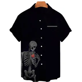 Black Skeleton Bones Hawaiian Spandex Shirt