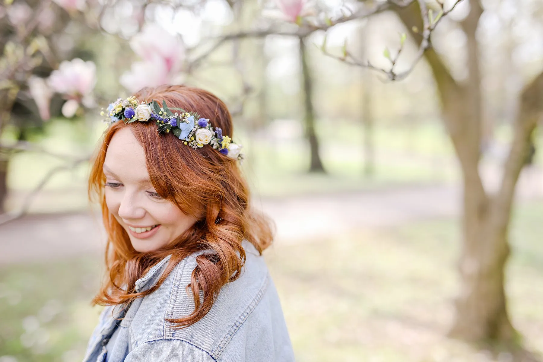 Blue and ivory bridal half wreath Peony crown for bride Natural headpiece Flower crown Handmade Long lasting crown Customisable Magaela