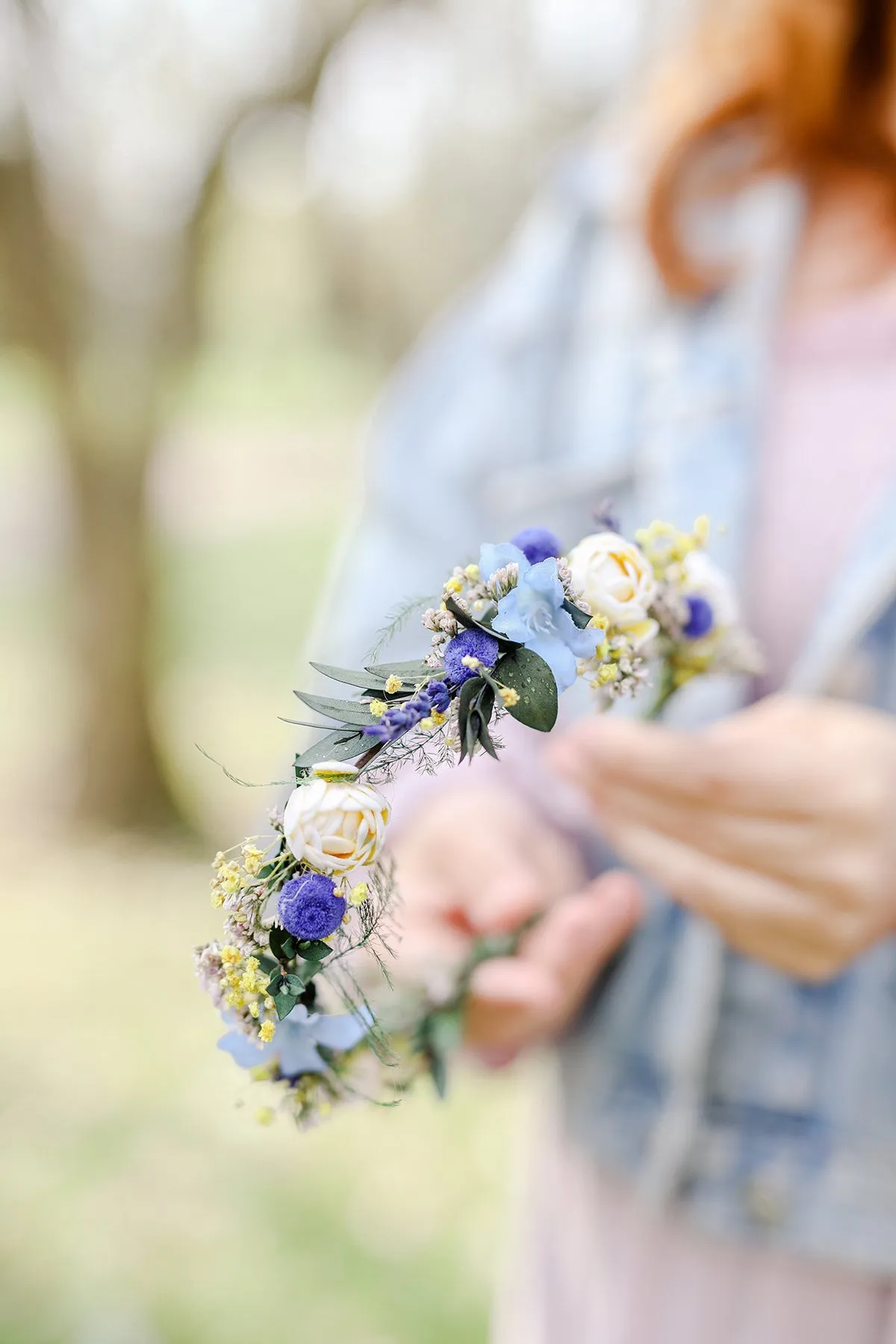 Blue and ivory bridal half wreath Peony crown for bride Natural headpiece Flower crown Handmade Long lasting crown Customisable Magaela