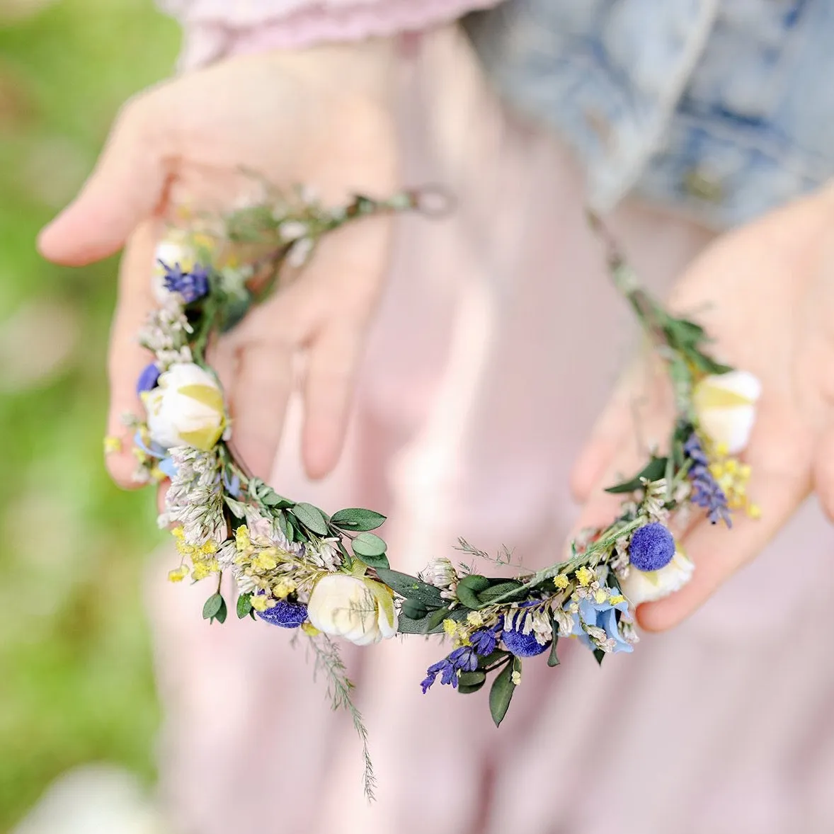 Blue and ivory bridal half wreath Peony crown for bride Natural headpiece Flower crown Handmade Long lasting crown Customisable Magaela