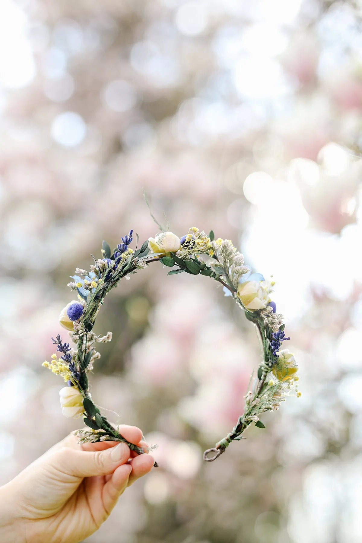 Blue and ivory bridal half wreath Peony crown for bride Natural headpiece Flower crown Handmade Long lasting crown Customisable Magaela