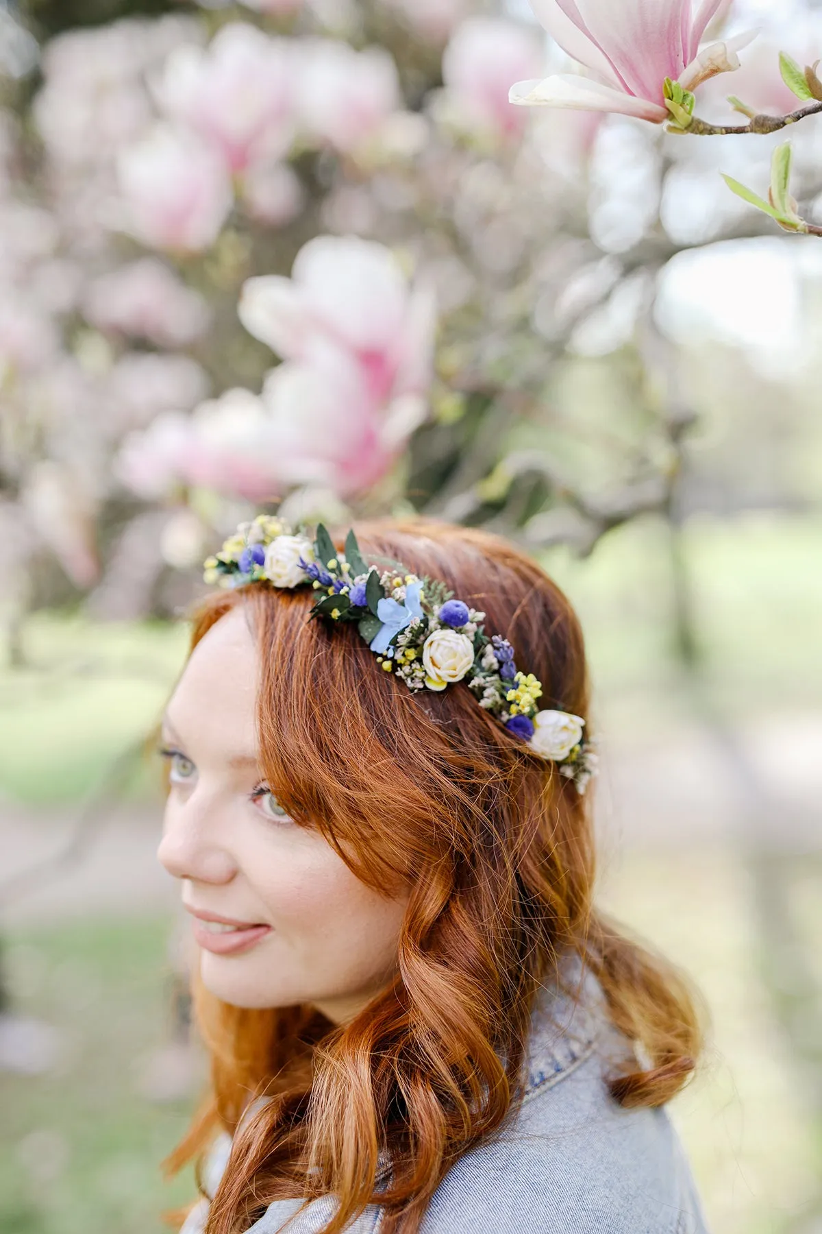 Blue and ivory bridal half wreath Peony crown for bride Natural headpiece Flower crown Handmade Long lasting crown Customisable Magaela