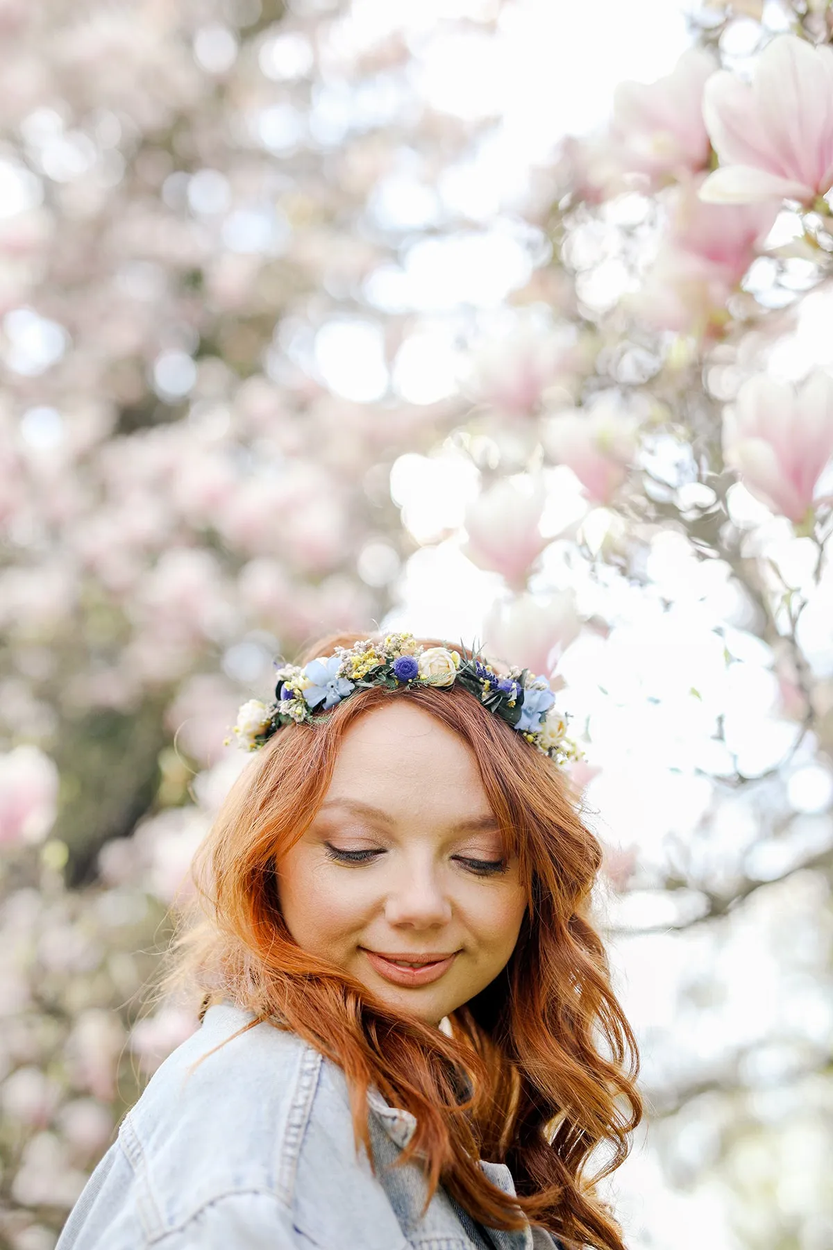 Blue and ivory bridal half wreath Peony crown for bride Natural headpiece Flower crown Handmade Long lasting crown Customisable Magaela