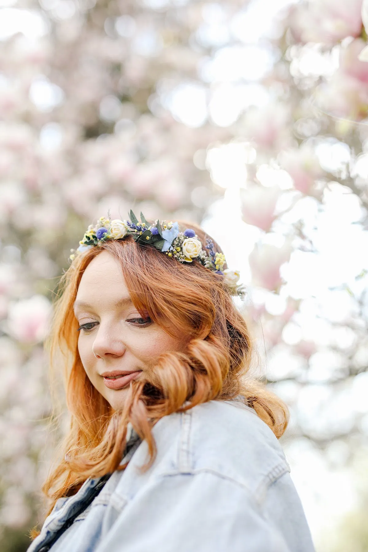 Blue and ivory bridal half wreath Peony crown for bride Natural headpiece Flower crown Handmade Long lasting crown Customisable Magaela