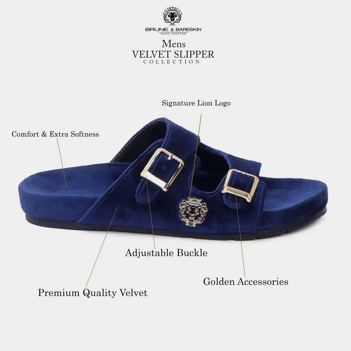 Buckled Slide-in Slippers in Blue Italian Velvet Material