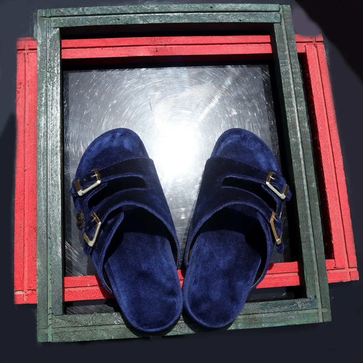 Buckled Slide-in Slippers in Blue Italian Velvet Material