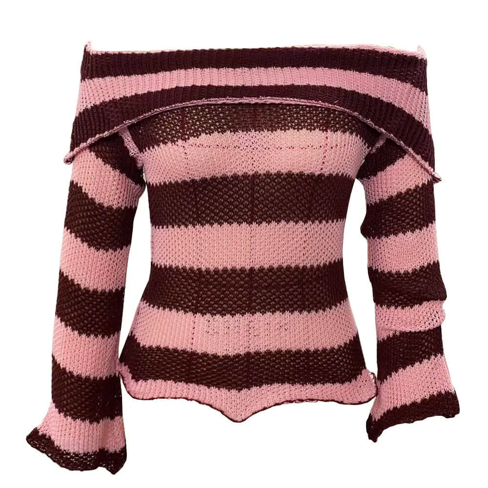 Chic Off The Shoulder Foldover Bell Sleeve Mauve Striped Open Knit Sweater