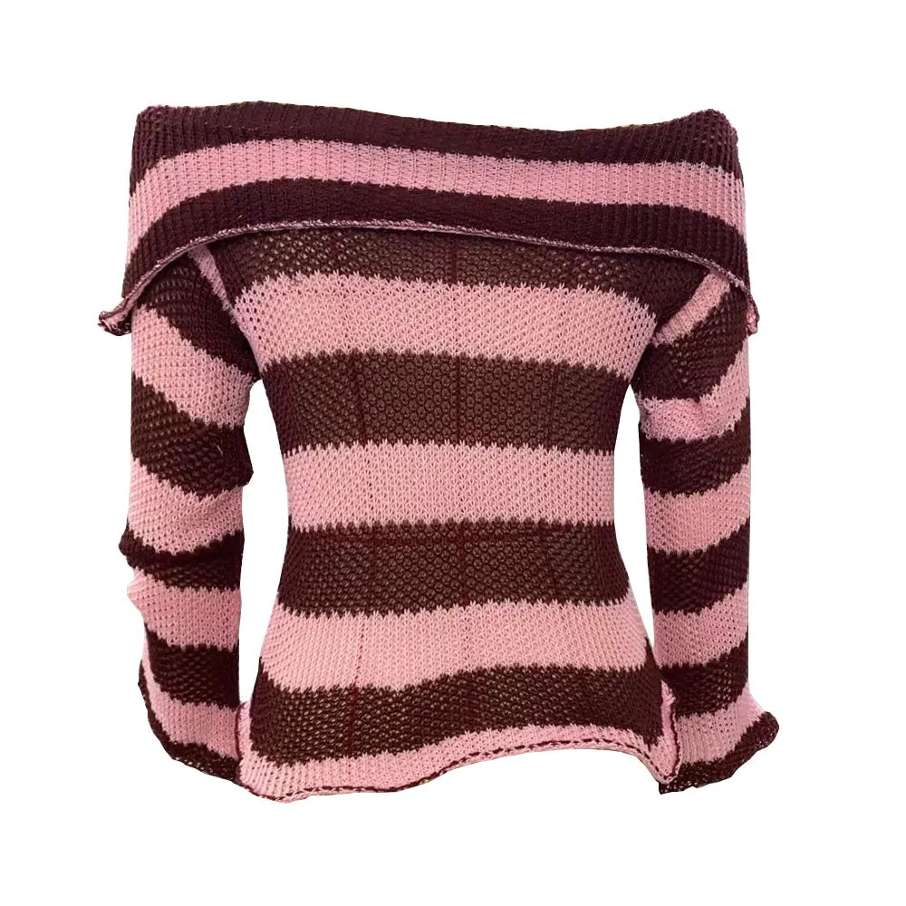 Chic Off The Shoulder Foldover Bell Sleeve Mauve Striped Open Knit Sweater