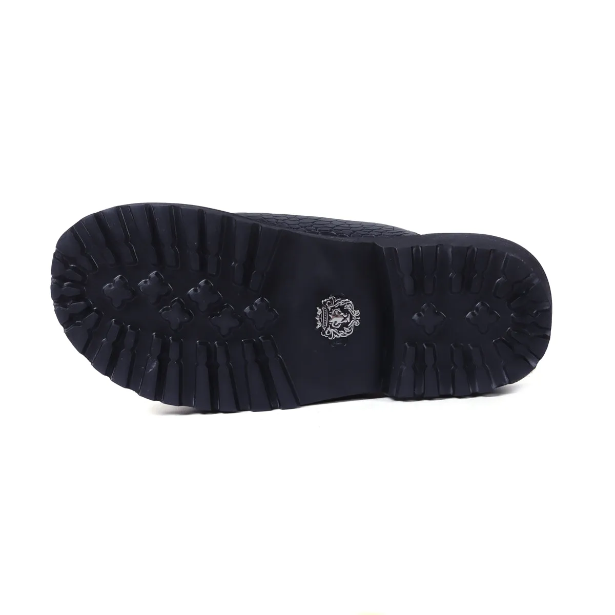 Chunky Sole Slide-in Slippers in Black Cut Croco Textured Leather