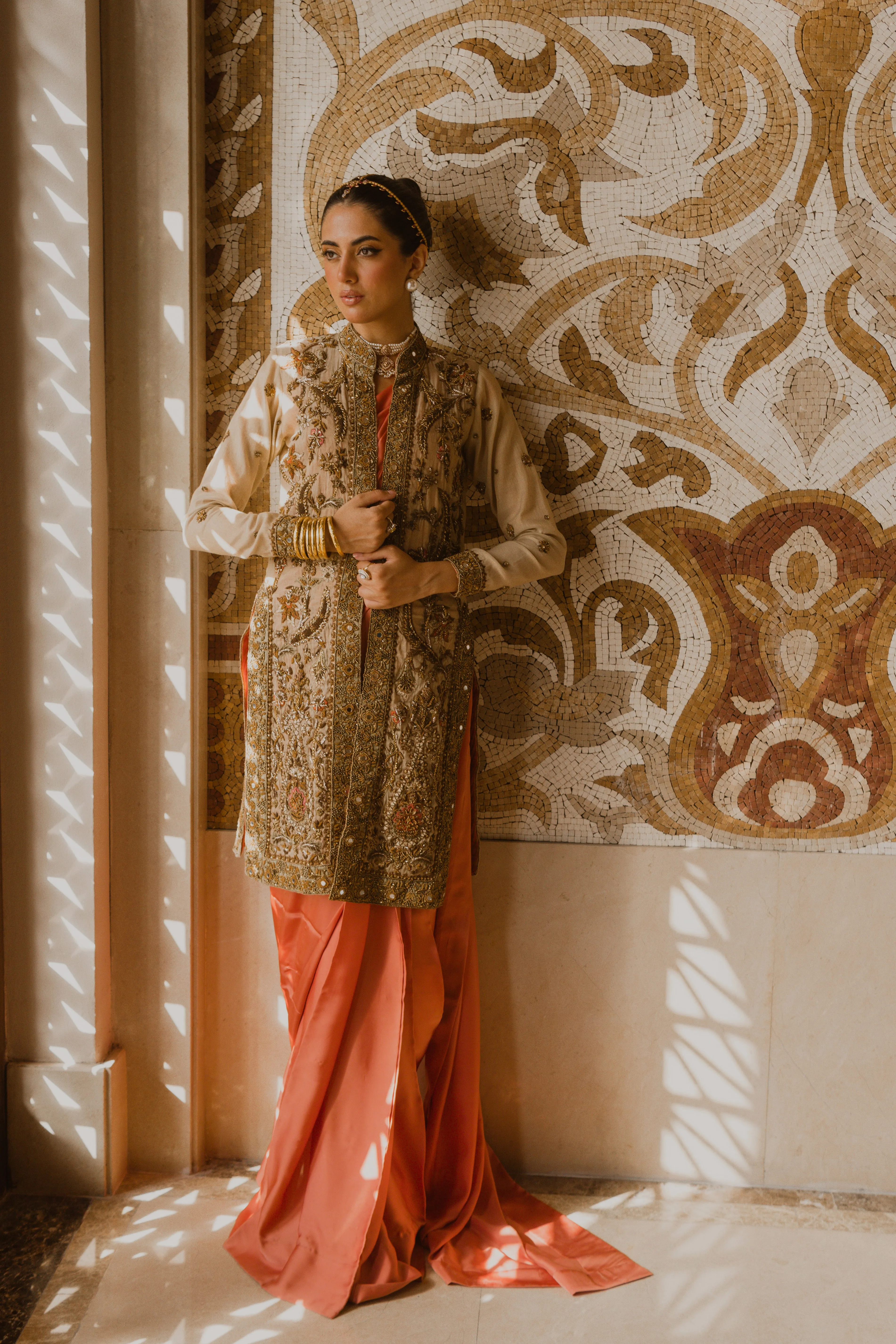 Coral Deluxe – Coral Pink Charmeuse Silk Saree Paired with embellished Organza Jacket