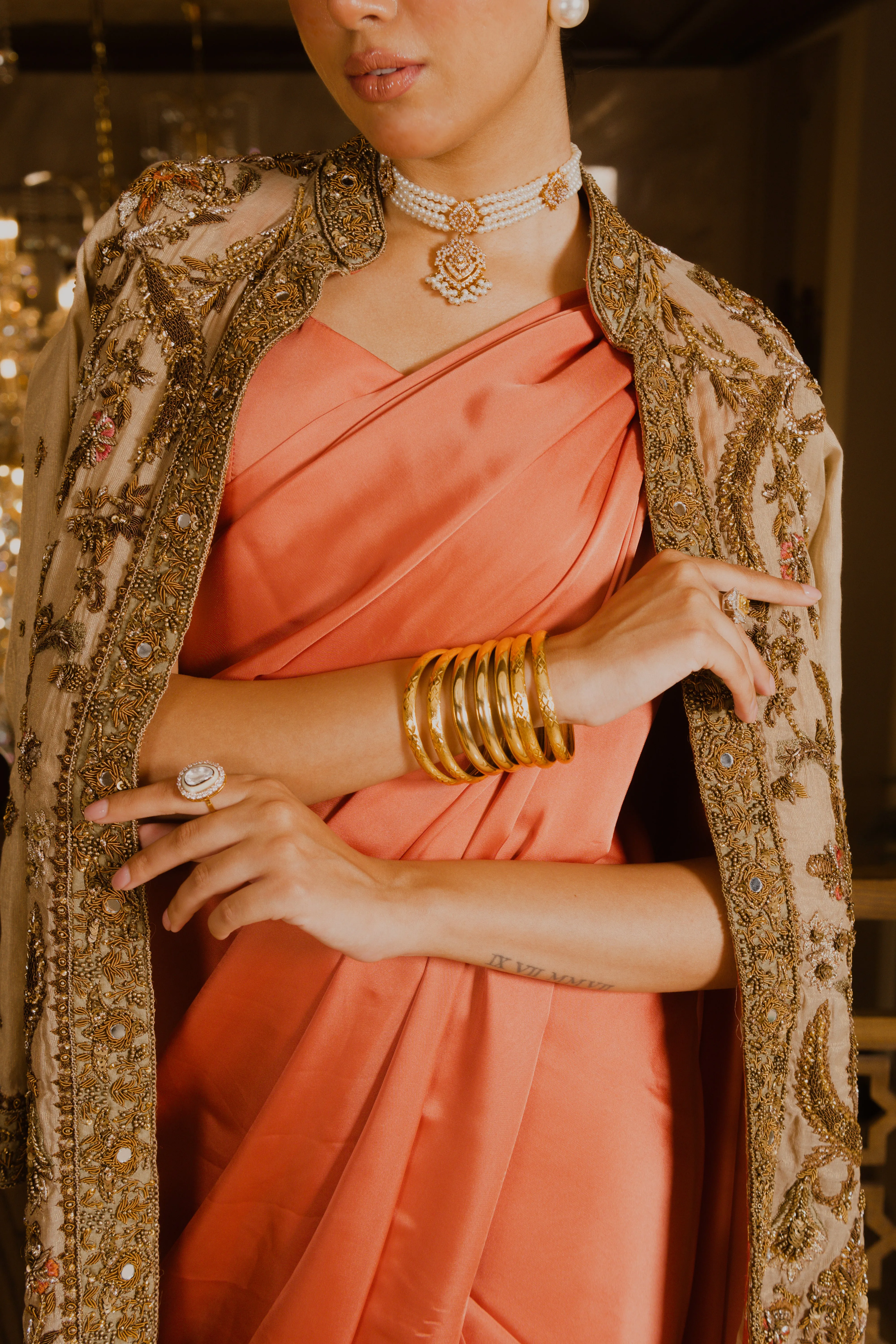 Coral Deluxe – Coral Pink Charmeuse Silk Saree Paired with embellished Organza Jacket