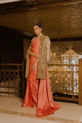 Coral Deluxe – Coral Pink Charmeuse Silk Saree Paired with embellished Organza Jacket