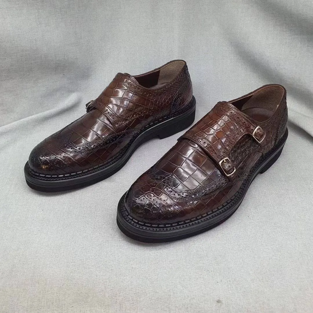 Crocodile Shoes Men's Crocodile Leather Brogue Lace-Up Shoes Brown