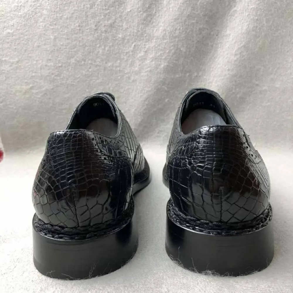 Crocodile Shoes Men's Crocodile Leather Brogue Norwegian Stitch  Lace-Up Business Shoes